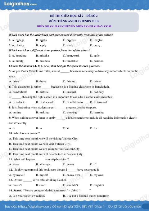 Đề thi giữa kì 2 Tiếng Anh 8 Friends Plus - Đề số 2